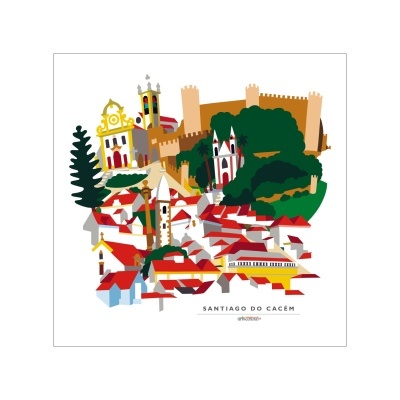 Ilustração da cidade de Santiago do Cacém com castelo, edifícios e árvores