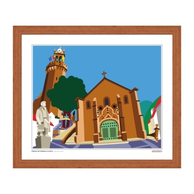Ilustração de igreja antiga e torre de relógio com estátua e bandeiras coloridas em moldura de madeira