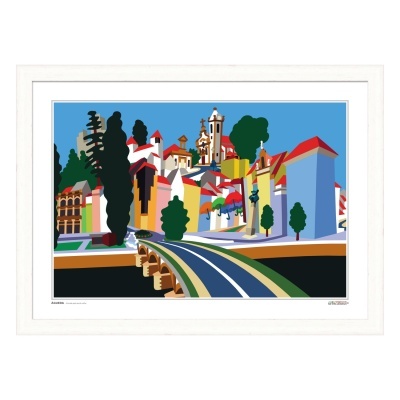 Ilustração colorida de paisagem urbana com edifícios, árvores e estrada, em moldura branca