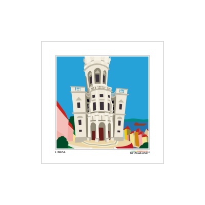 Ilustração digital colorida de um edifício branco em Lisboa com fundo azul e edifícios coloridos