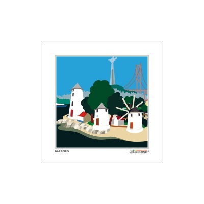 Ilustração de moinhos brancos com telhados castanhos, árvores, água, estátua e ponte vermelha