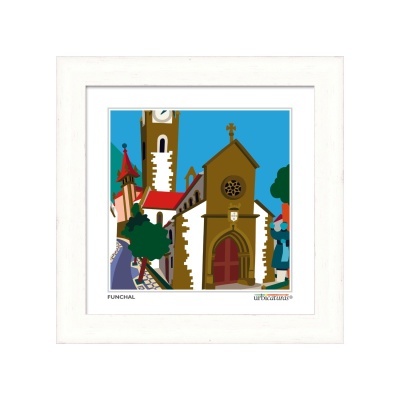 Ilustração da igreja da Sé em Funchal em moldura branca.