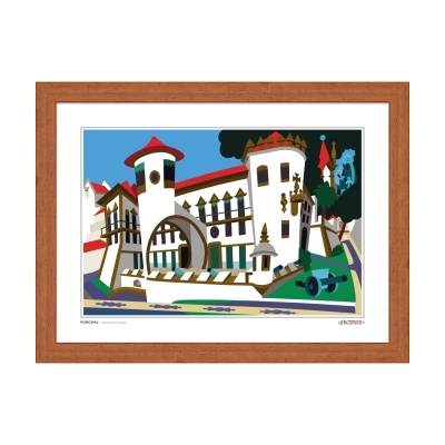 Ilustração colorida do Palácio de São Lourenço em moldura de madeira