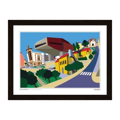 quadro com ilustração colorida de paisagem urbana e texto 'CASTELO BRANCO'