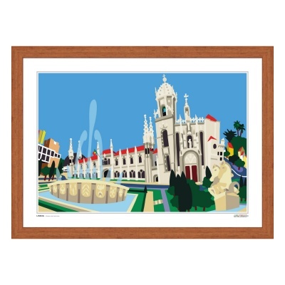 Ilustração quadro edifício histórico com fonte e árvores