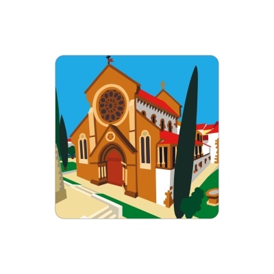 Desenho gráfico de igreja castanha com telhado vermelho e vitral circular