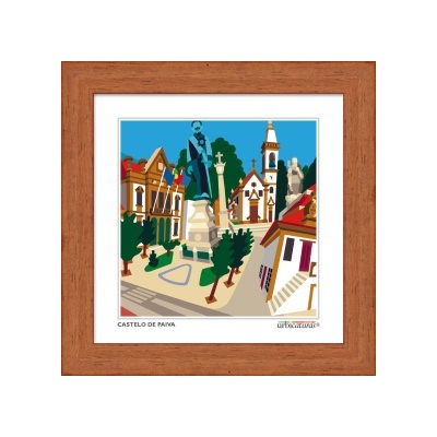 Ilustração emoldurada da praça em Castelo de Paiva com estátua e edifícios.