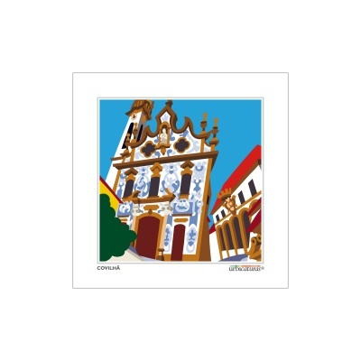 Ilustração de edifício histórico com azulejos azuis e brancos e texto Covilhã.