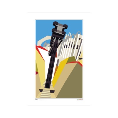 Ilustração colorida de torre e edifícios com céu azul