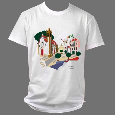 T-shirt branca com design colorido de edifícios e árvores e texto AZAMBUJA.
