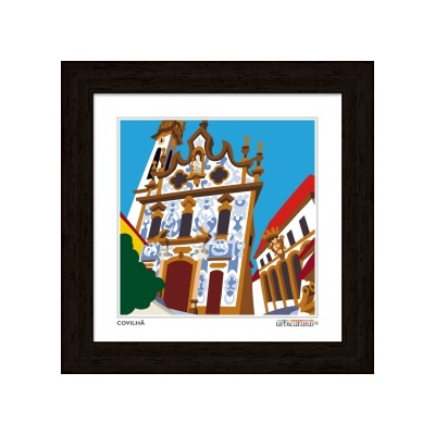 Gravura emoldurada do edifício da Covilhã com decoração azul e branca