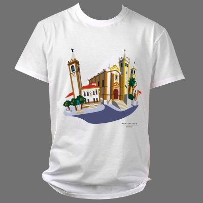 T-shirt branca com estampa de edifício histórico colorido e texto ARRONCHES
