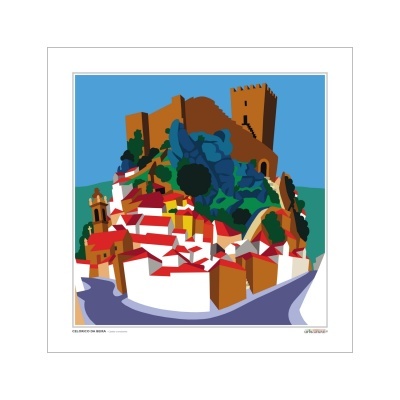 Ilustração colorida de vila com casas brancas, telhados vermelhos, castelo castanho e árvores verdes