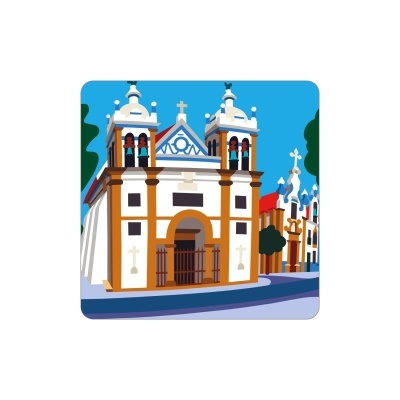 Igreja barroca branca com detalhes marrons e azuis e duas torres com sinos sob céu azul