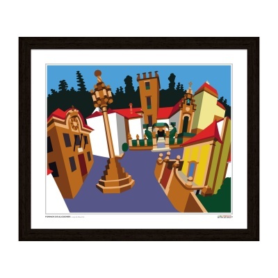 Ilustração de praça com prédios coloridos e poste decorativo emoldurada