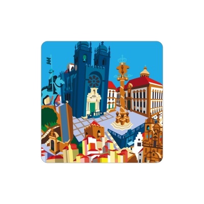 Cartão ilustrado com edifícios históricos coloridos e céu azul