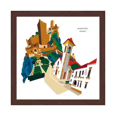 Ilustração colorida de uma vila com castelo num quadro emoldurado