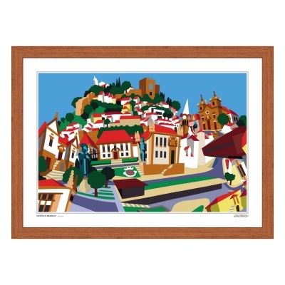 Ilustração colorida de uma vila com casas brancas e telhados vermelhos dentro de moldura de madeira