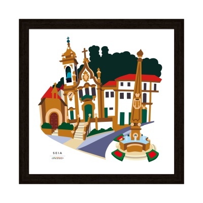 Ilustração digital de edifícios históricos e fonte com obelisco, emoldurada em preto