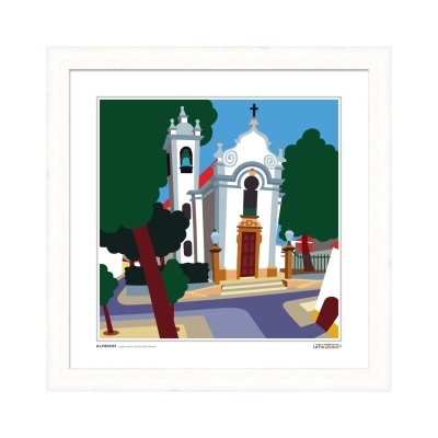 Ilustração colorida de uma igreja branca com moldura branca