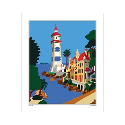 Ilustração colorida de farol e edifícios junto a água