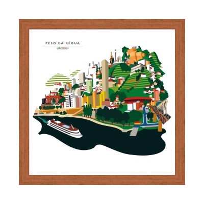 Ilustração colorida da cidade Peso da Régua com rio e barco, emoldurada.