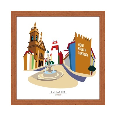 Quadro decorativo de Guimarães com fonte, edifícios coloridos e texto 'AQUI NASCEU PORTUGAL', moldura de madeira.