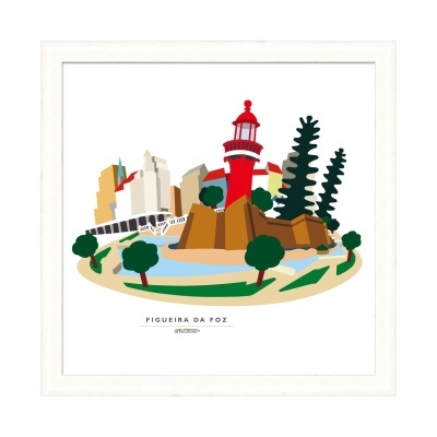 Ilustração emoldurada de farol vermelho e edifícios em Figueira da Foz