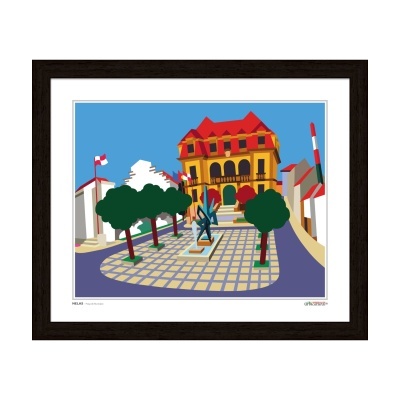 Ilustração digital de praça com árvores, edifício amarelo e escultura azul, moldura preta