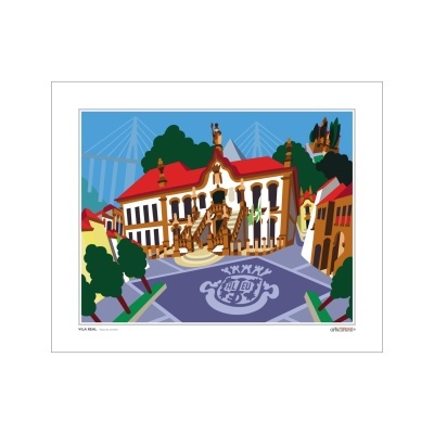 Ilustração colorida de edifício histórico em Vila Real com telhado vermelho e árvores ao redor.