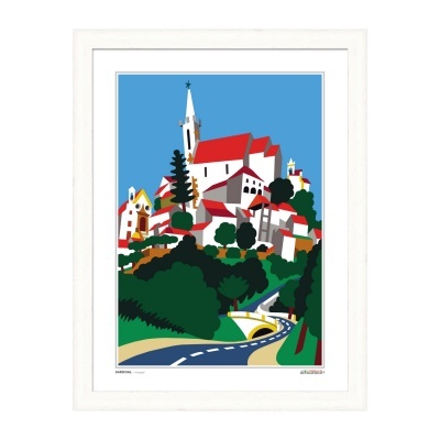 Pôster colorido estilizado de aldeia com igreja e casas