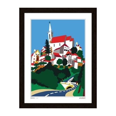 Ilustração colorida de vila com casas brancas e telhados vermelhos em moldura escura