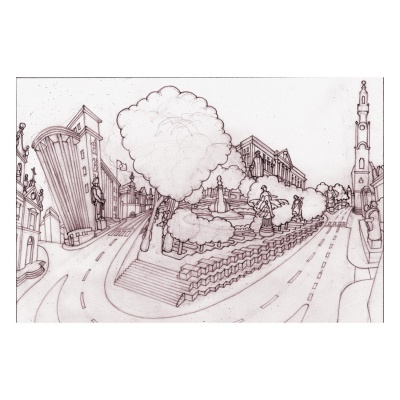 Desenho a preto e branco de um cenário urbano com edifícios, árvores, estátuas e estrada