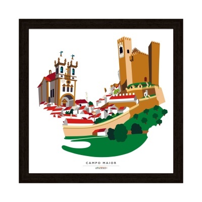 Ilustração da vila de Campo Maior com castelo e igreja, moldura preta