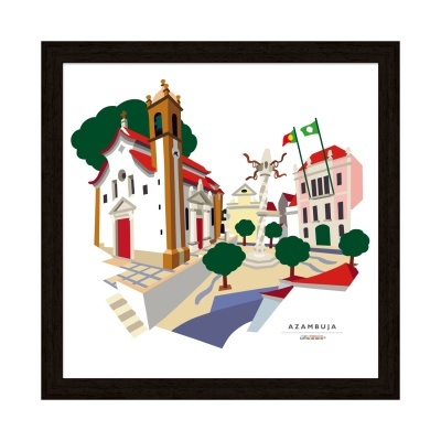 Ilustração colorida da cidade de Azambuja com edifícios, árvores e bandeiras em moldura preta