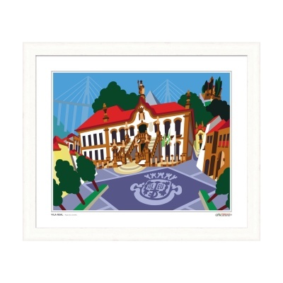 Quadro moldura branca com imagem digital colorida de edifício com telhado vermelho e praça cinzenta