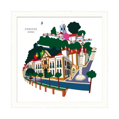 Ilustração urbana colorida emoldurada com texto CORUCHE