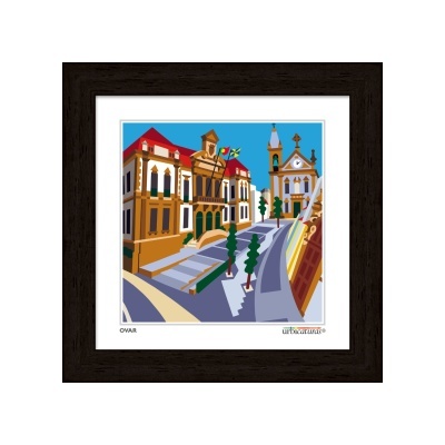 Quadro com moldura preta e ilustração colorida de edifícios urbanos com céu azul