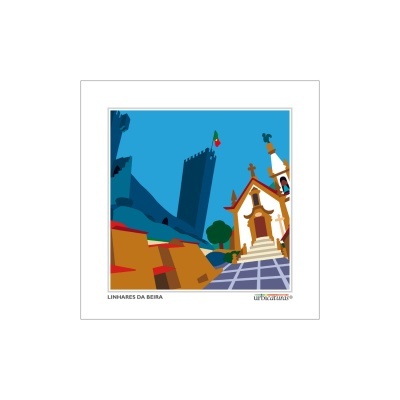 Ilustração colorida de Linhares da Beira com torres e igreja