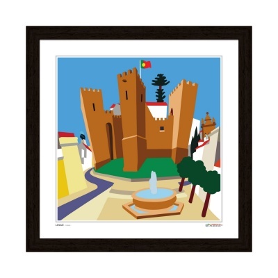 Ilustração de castelo castanho com fonte e árvores em moldura preta