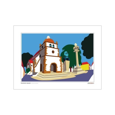 Ilustração digital colorida de edifício histórico com estátua e coluna em ambiente ao ar livre