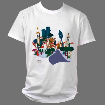 T-shirt branca com design abstrato colorido e texto 'FUNNEL ABERDEEN'.