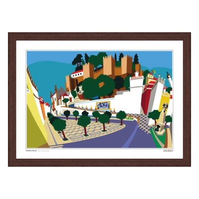 Ilustração colorida de paisagem urbana com castelo e árvores, quadro em moldura de madeira