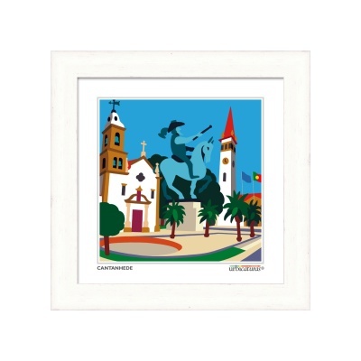 Quadro digital estilizado de praça com estátua e edifícios em Cantanhede