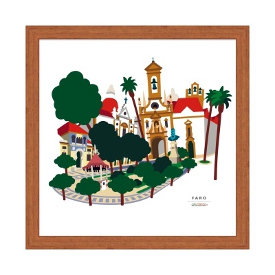 Quadro ilustrativo com fachada de igrejas e árvores em Faro, com moldura de madeira.