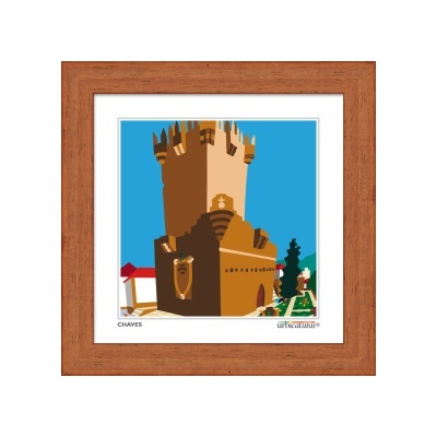 Ilustração do castelo de Chaves em quadro com moldura de madeira