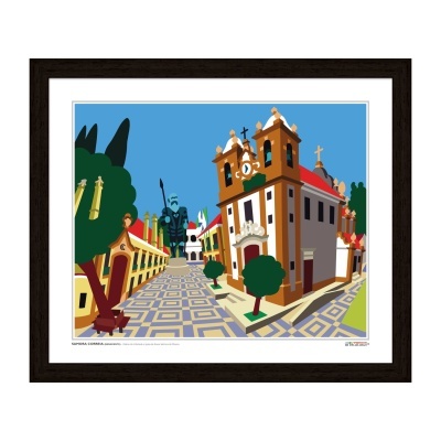 Ilustração gráfica de rua cidade com edifício histórico e calçada geométrica