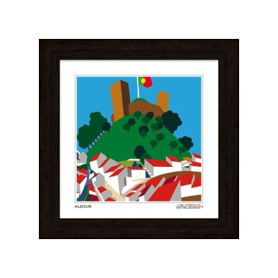 Ilustração colorida de castelo sobre colina com bandeira de Portugal e casas com telhados vermelhos