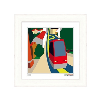 Quadro digital de elétrico vermelho em cenário urbano com árvores e edifícios