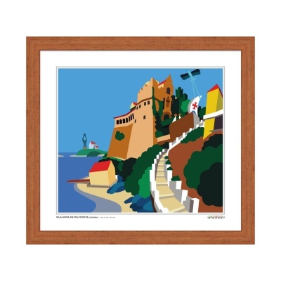 Ilustração colorida de fortaleza com escadaria, moldura de madeira